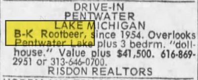 Shorts Drive-In (B&K Root Beer, Allens Root Beer, B-K Root Beer, BK Root Beer) - Jul 1973 Pentwater Location For Sale (newer photo)
